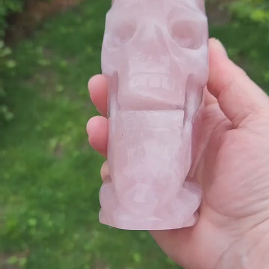 Beautiful AAA Pink Rose Quartz Crystal Carved Skull Moon