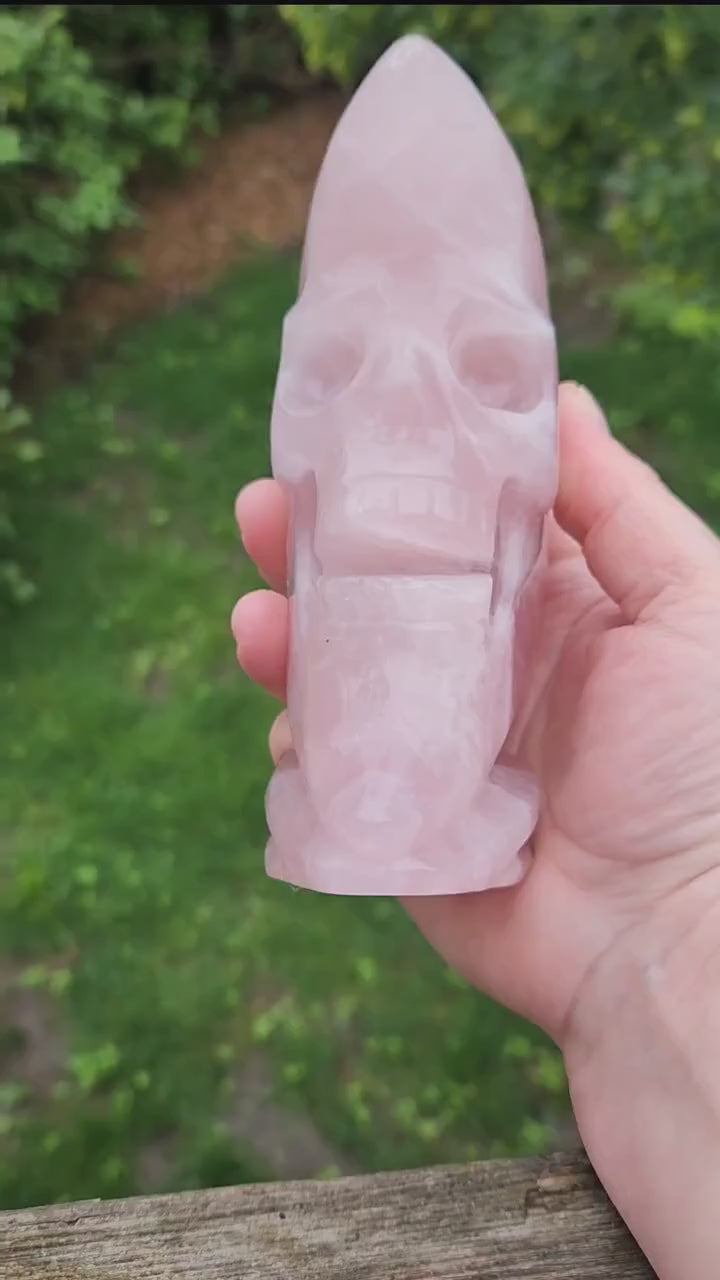 Beautiful AAA Pink Rose Quartz Crystal Carved Skull Moon