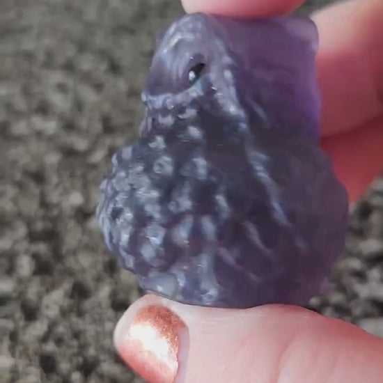 Carved Dark Purple Fluorite Crystal Owl, Unique