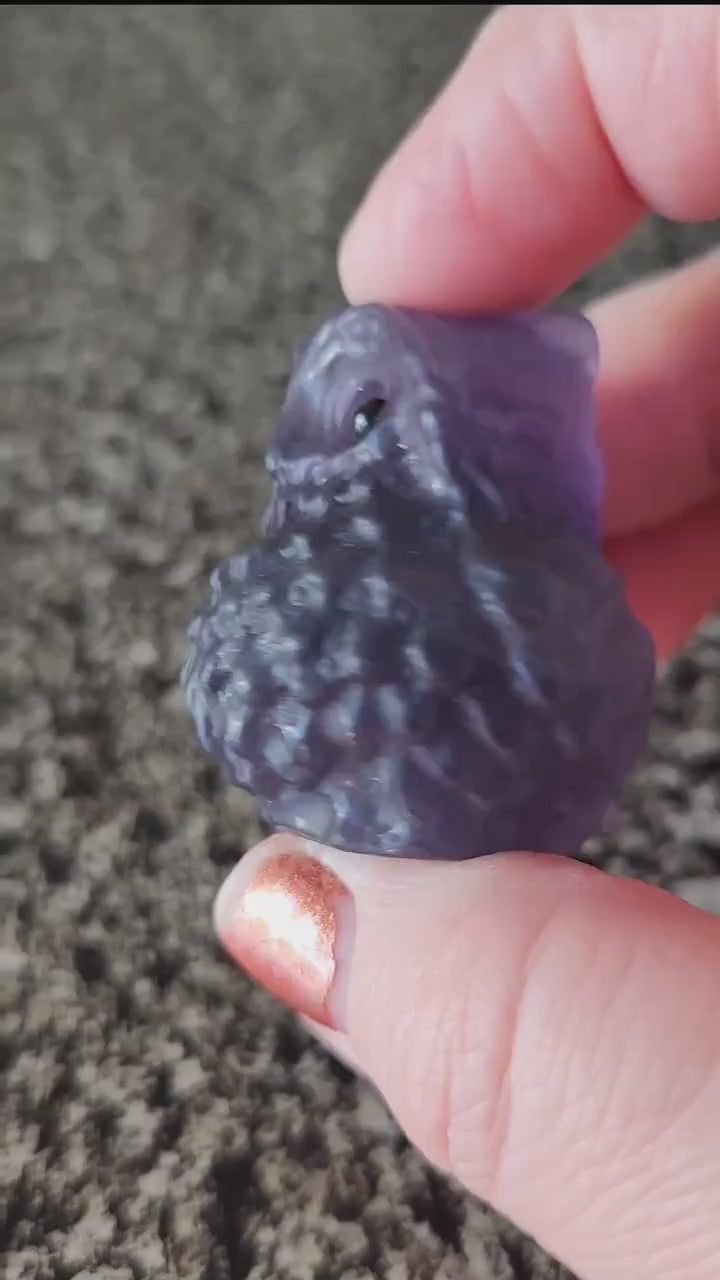 Carved Dark Purple Fluorite Crystal Owl, Unique