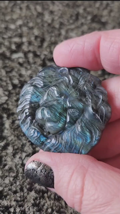 Labradorite Crystal Lion Coin Carving: Hand Carved Palm Stone with Extreme Flash