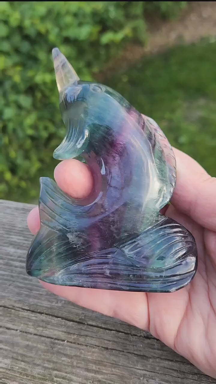 Beautiful Carved Candy Fluorite Crystal Narwhal Natural Stone, So Colorful, Unique