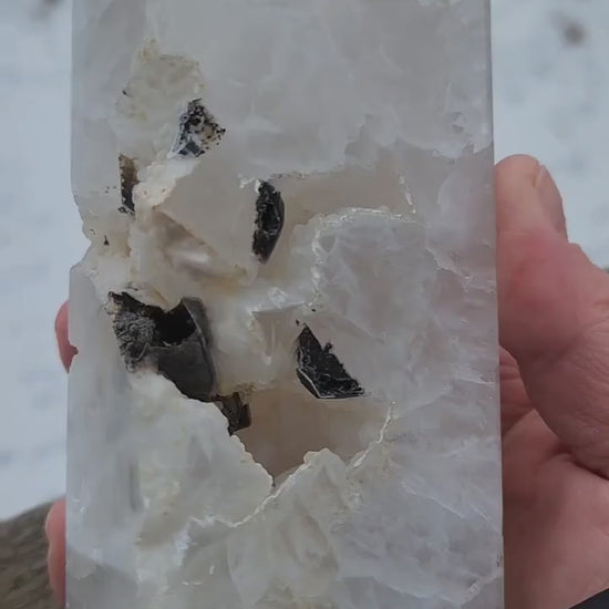 Gorgeous Unique White Druzy Agate Crystal Rock Tower with multiple caves & Black Inclusions