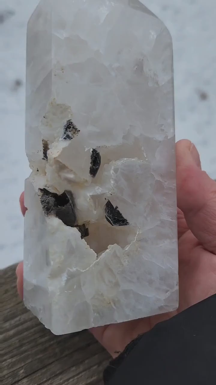 Gorgeous Unique White Druzy Agate Crystal Rock Tower with multiple caves & Black Inclusions