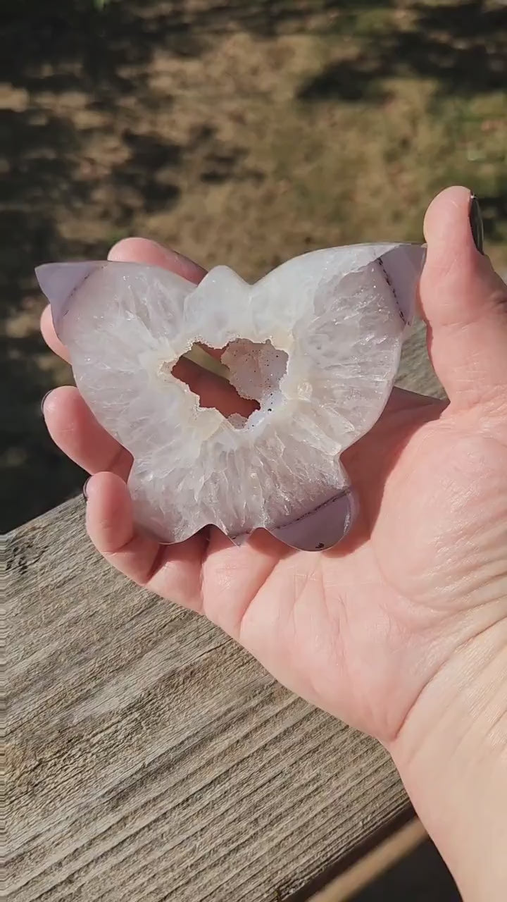 Stunningly Beautiful White and Purple Tipped Druzy Thick Slab Cut Agate Butterfly with black metal stand,  Portal, Rainbows!