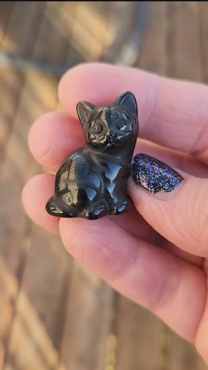 So Cute Black Obsidian Carved Small Sitting Cat, All Natural Crystal, One