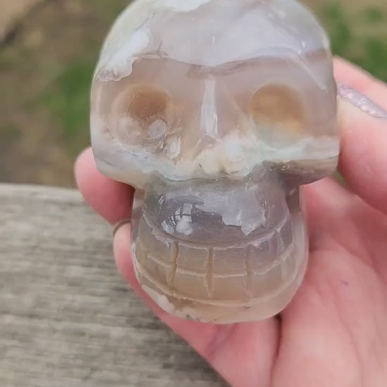 Crazy Cool Scary AAA Flower Agate Crystal Skull with flower plumes