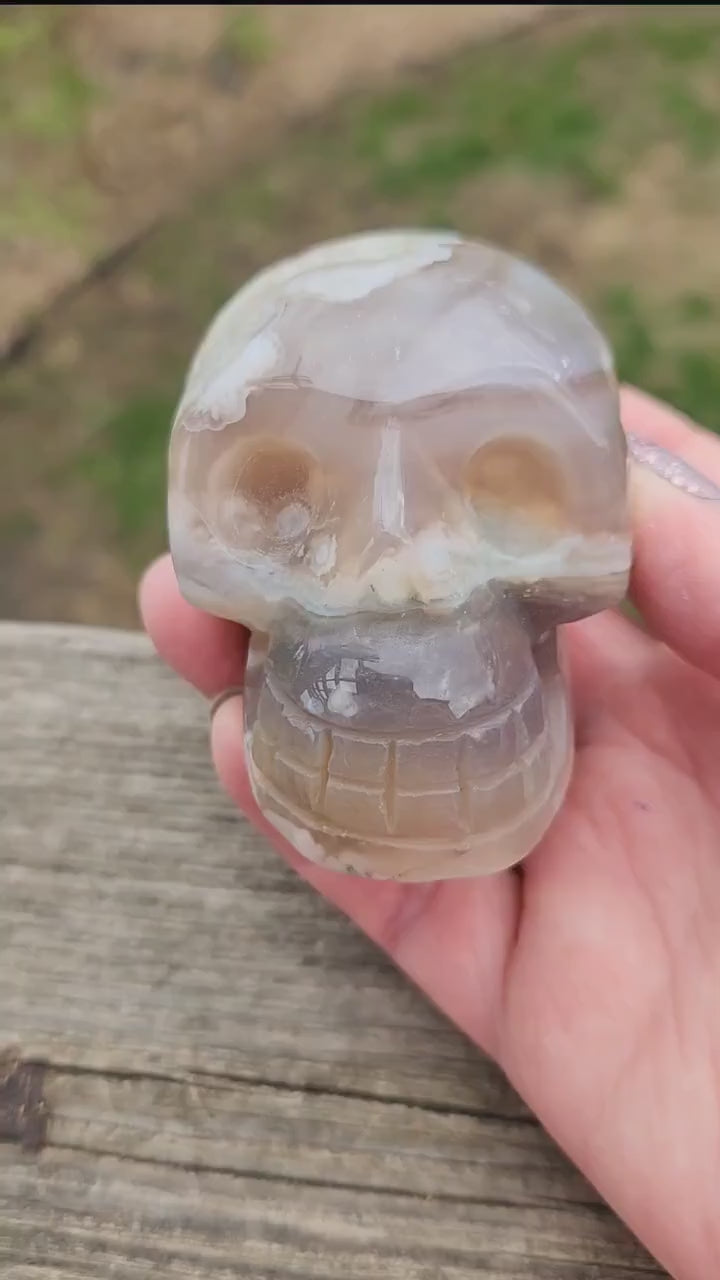 Crazy Cool Scary AAA Flower Agate Crystal Skull with flower plumes