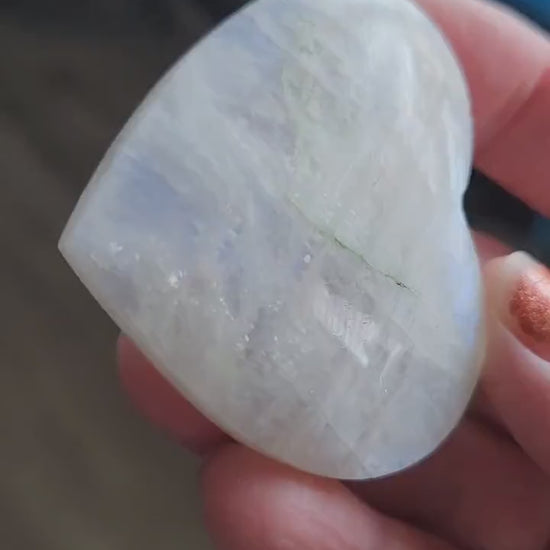 Moonstone Crystal Heart with Blue Flash and Green Inclusions