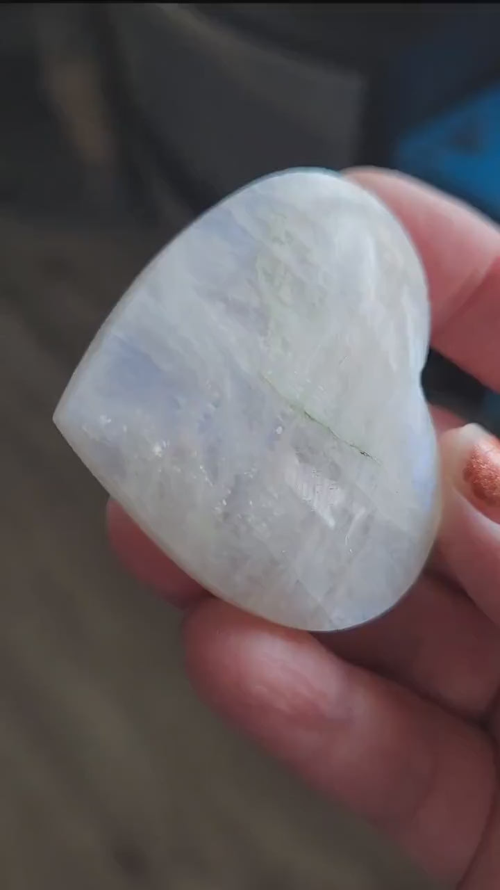 Moonstone Crystal Heart with Blue Flash and Green Inclusions