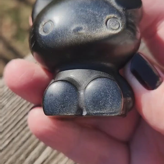 Super Cute Golden Black Obsidian Hello Kitty Natural Stone Crystal with flash!