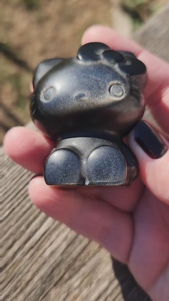 Super Cute Golden Black Obsidian Hello Kitty Natural Stone Crystal with flash!