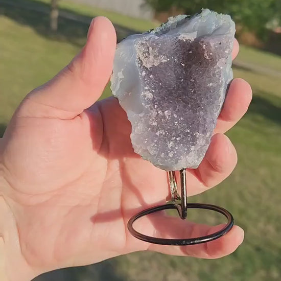 Cute Little Purple Amethyst Crystal Free Form on a black metal stand