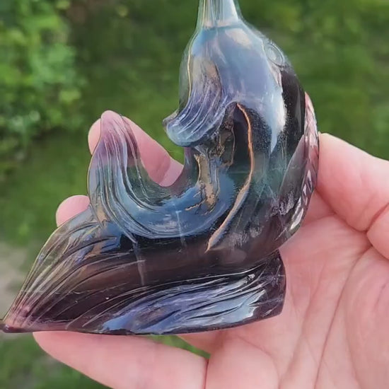 Beautiful Carved Candy Fluorite Crystal Narwhal Natural Stone, So Colorful, Unique