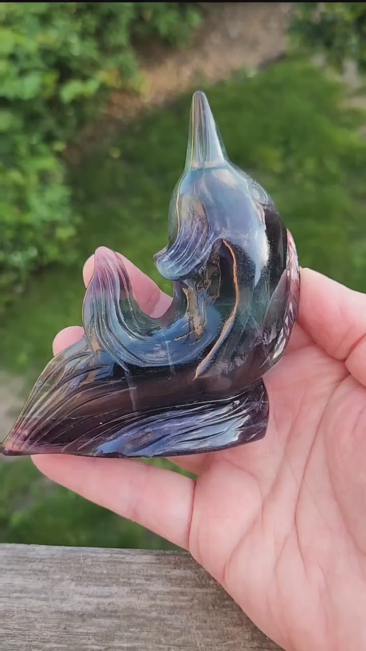 Beautiful Carved Candy Fluorite Crystal Narwhal Natural Stone, So Colorful, Unique