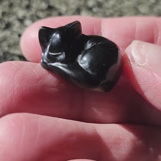 Silver Sheen Obsidian Mini Sleeping Cat - Natural Stone Crystal, One