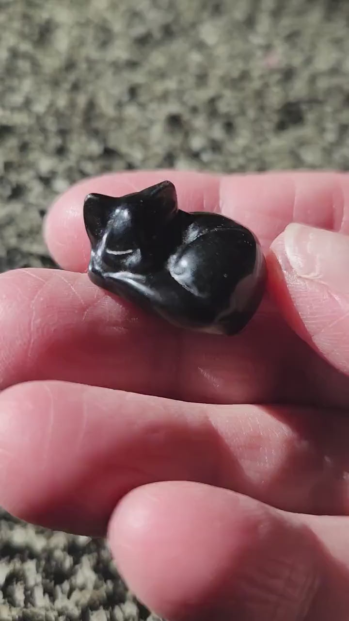 Silver Sheen Obsidian Mini Sleeping Cat - Natural Stone Crystal, One
