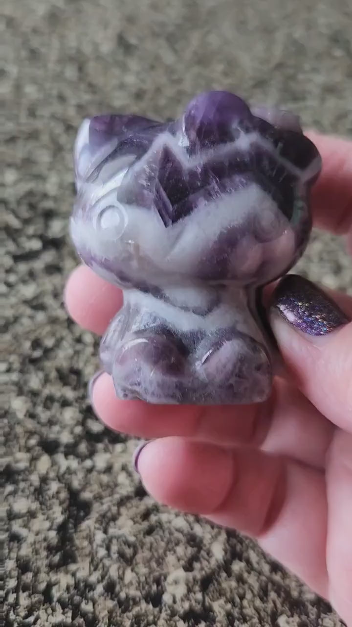 Gorgeous Dream Amethyst Carved Hello Kitty Crystal Stone, Chevron Amethyst