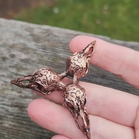3 Raven Skull Shiny Copper Crystal Sphere Holder