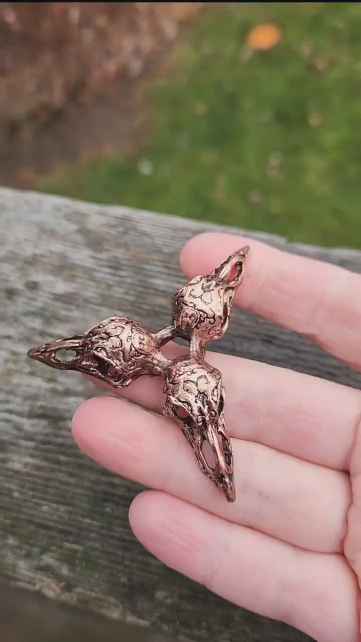 3 Raven Skull Shiny Copper Crystal Sphere Holder
