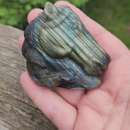 Very Unique Labradorite Horse Head Carved Crystal with flash, Palm Sized