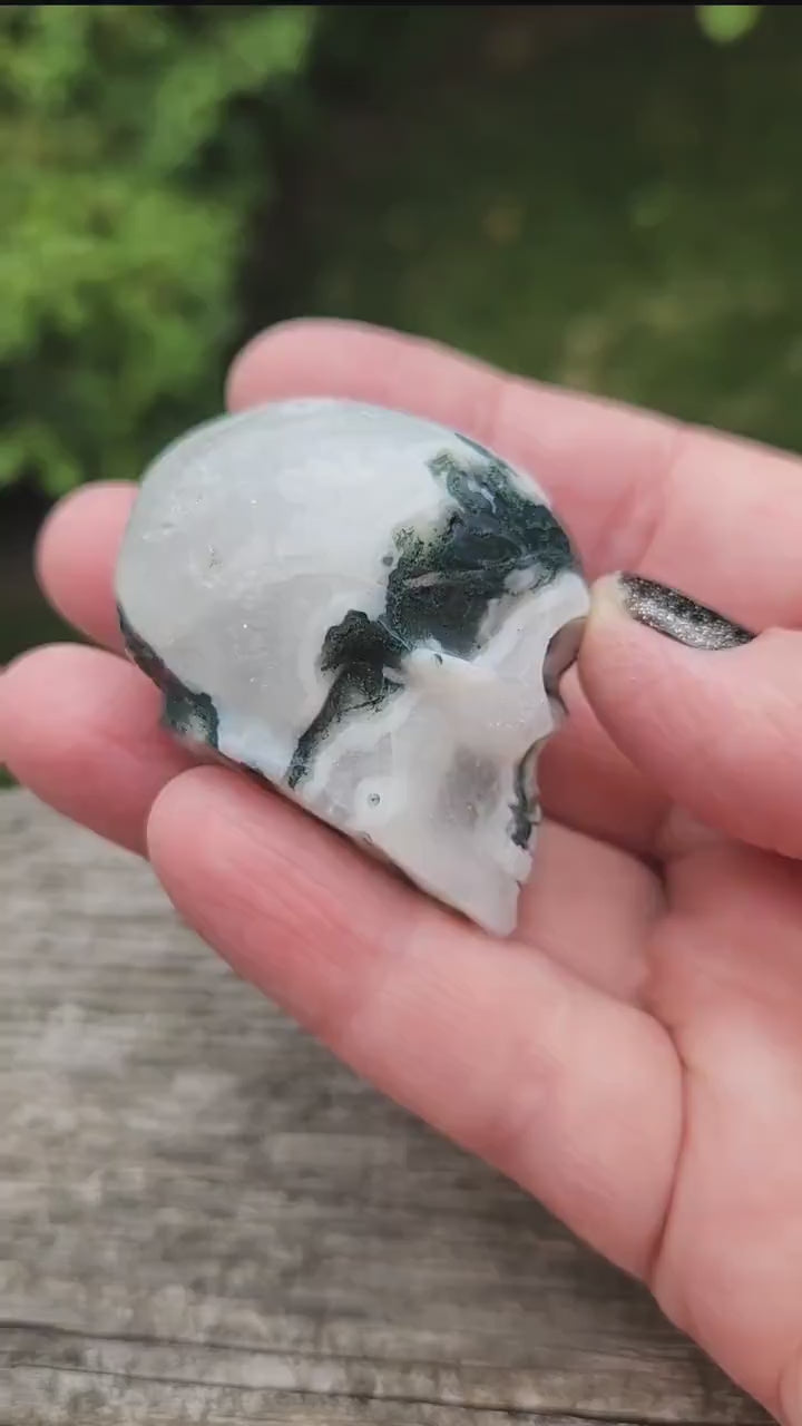 Moss Agate Clear Quartz Small Crystal Skull