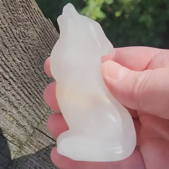 Carved Clear Quartz Jasper Howling Wolf Crystal with Golden Healer Inclusions, All Natural Crystal