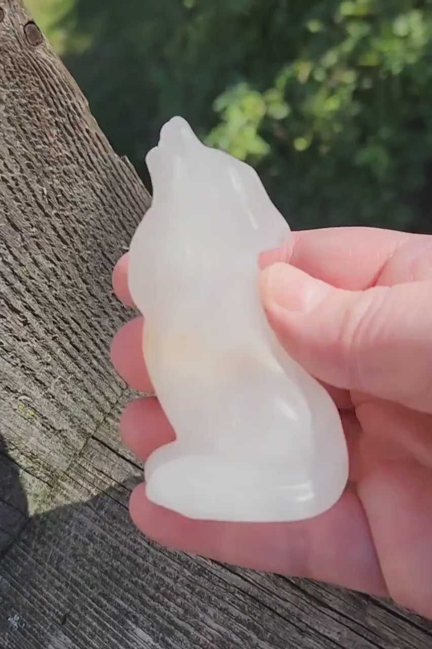 Carved Clear Quartz Jasper Howling Wolf Crystal with Golden Healer Inclusions, All Natural Crystal