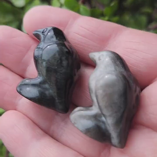 Carved Silver Sheen Obsidian Crow: Natural Crystal Raven Figurine, Small