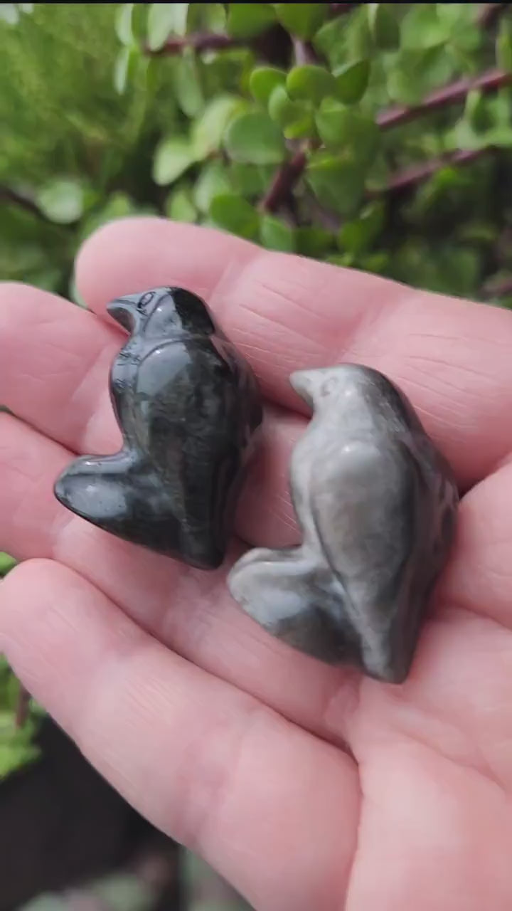 Carved Silver Sheen Obsidian Crow: Natural Crystal Raven Figurine, Small