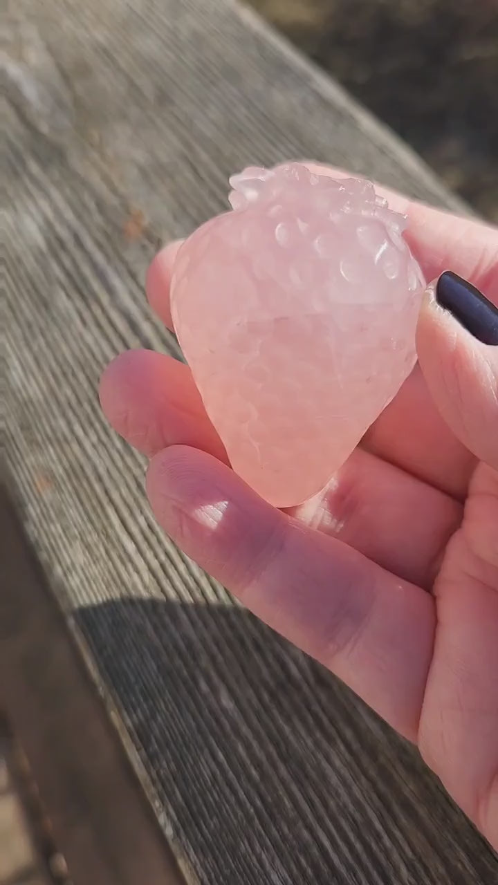 Beautiful AAA Pink Rose Quartz Crystal Carved Strawberry