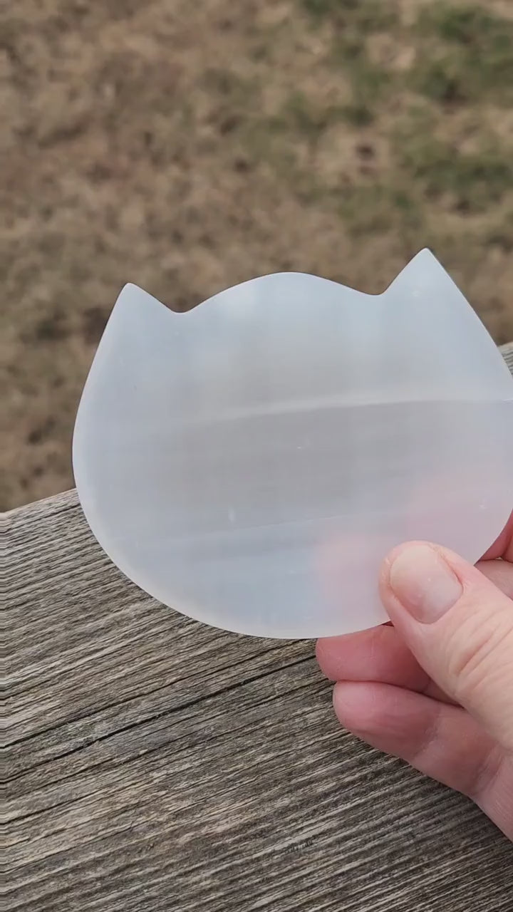 Beautiful Selenite Crystal Cat Shallow Bowl Tray Charging