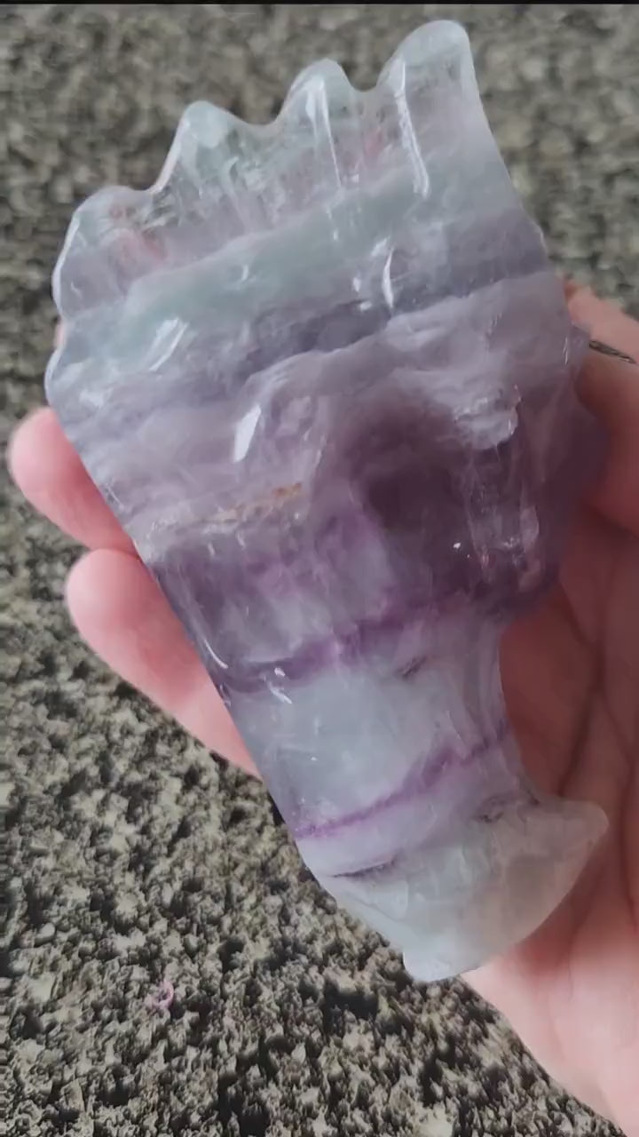 Natural Purple and Green Fluorite Crystal Carved Dragon Head, DnD