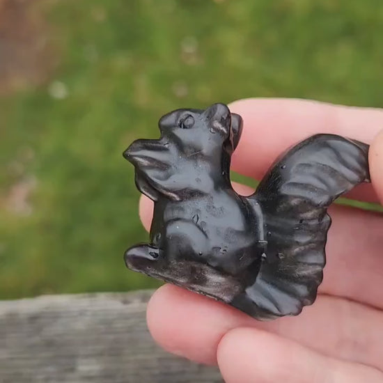 Silver Sheen Obsidian Carved Squirrel: Natural Crystal Figurine, 1 Squirrel