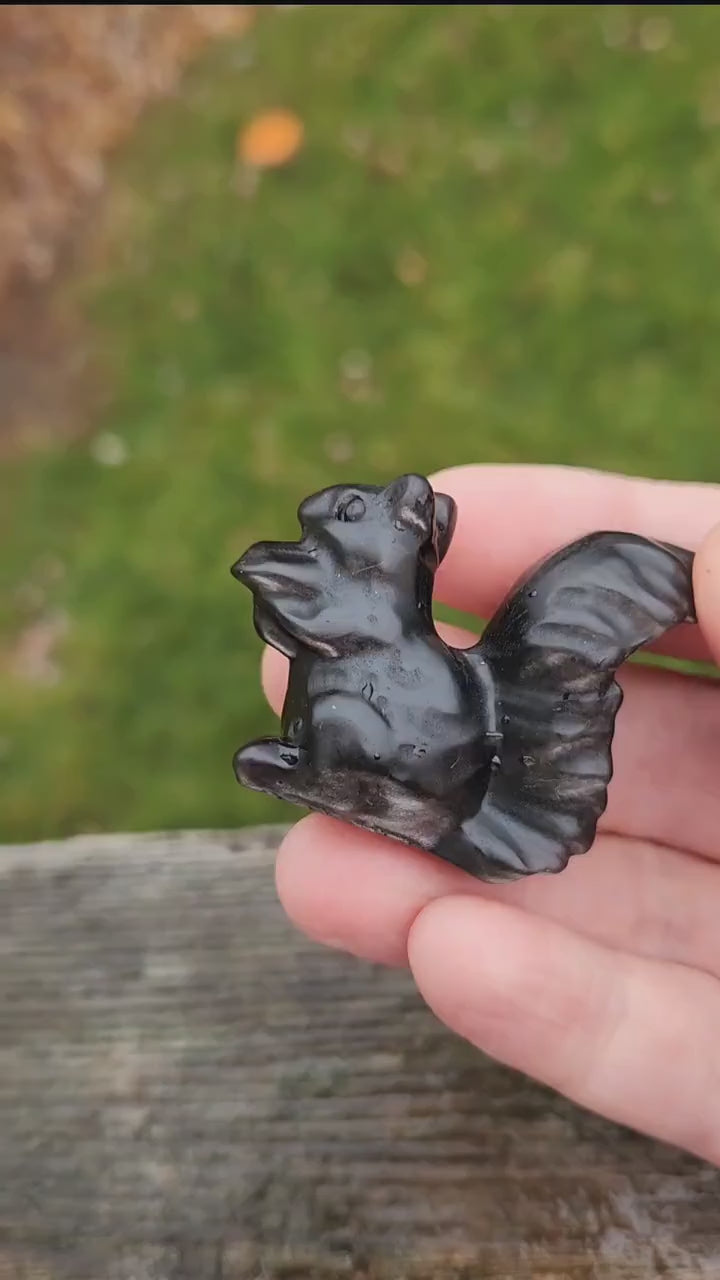 Silver Sheen Obsidian Carved Squirrel: Natural Crystal Figurine, 1 Squirrel