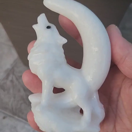 Carved White Calcite Howling Wolf with Moon Crystal, All Natural Crystal