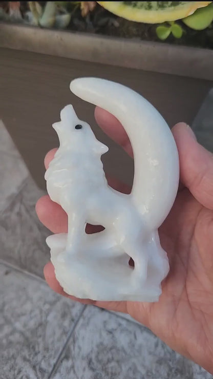 Carved White Calcite Howling Wolf with Moon Crystal, All Natural Crystal