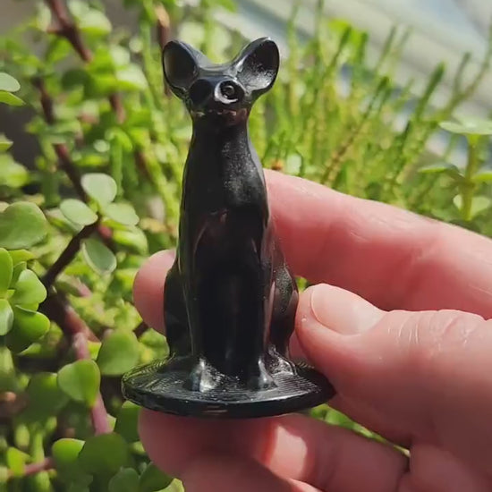 Black Obsidian Cat Figurine: Natural Stone Crystal, Sphynx