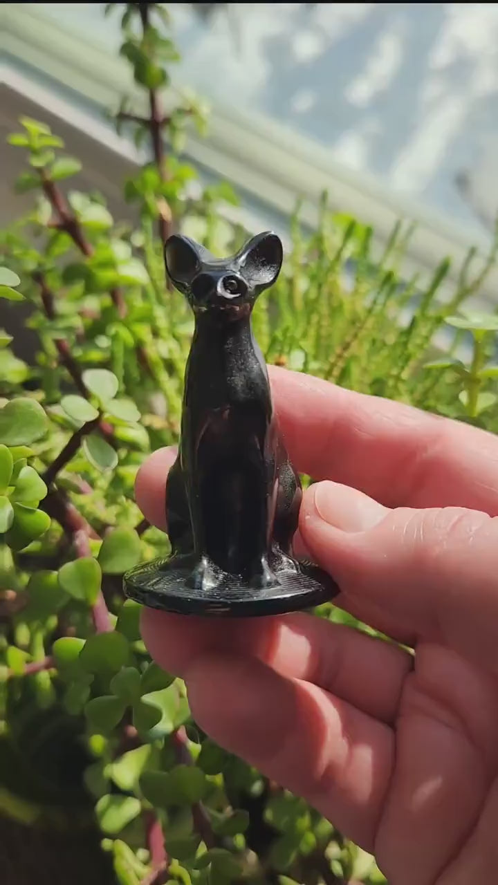Black Obsidian Cat Figurine: Natural Stone Crystal, Sphynx